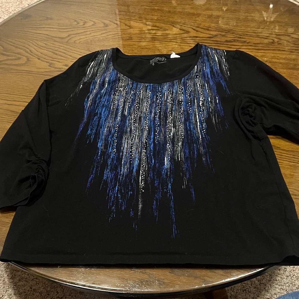 Chico's Zenergy Black Top with Blue and Silver Accents